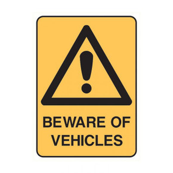 SIGN BEWARE OF VEHICLES 450 X 600 MTL